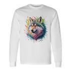 Wolf Herren Damen Bunt Aquarell Wolf Langarmshirts