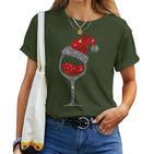 Christmas Wine Glass Red Wine Christmas Hat T-shirt Frauen