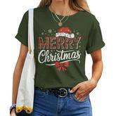 Merry Christmas Lights Santa Hat Xmas Family Women T-shirt