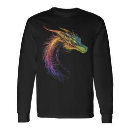 Drachen-Zeichnung Buntes Tier-Kunstwerk Fantasy-Drache Langarmshirts - Seseable