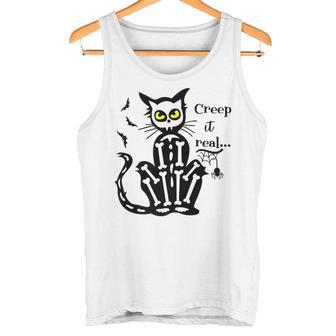 Vintage Halloween Creep It Real Black Cat Spider Bats Premium Tank Top - Monsterry