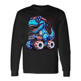 4Th Of July Boys Patriotic Dinosaur Rex Monster Truck Long Sleeve T-Shirt - Monsterry CA