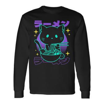 Anime Ramen Cat Japanese Retro Noodles Aesthetic Kawaii Cat Long Sleeve T-Shirt - Thegiftio