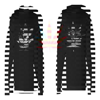 Cannabis Pot Leaf Marijuana Stoner Smoking Us American Flag Long Sleeve T-Shirt | Seseable UK