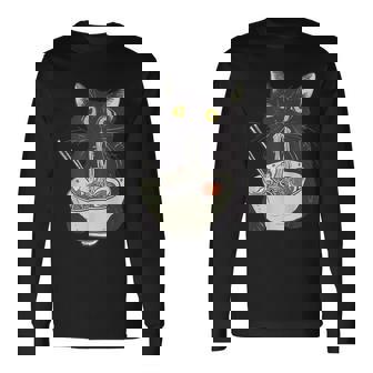 Cat Eating Ramen Retro Japanese Noodles Cat Lover Long Sleeve T-Shirt | Seseable CA