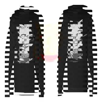 Cute Kawaii Anime Cat Eating Ramen Noodles Long Sleeve T-Shirt - Thegiftio