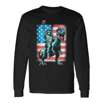 Dino Statue Of Liberty 4Th Of July Boys American Flag Long Sleeve T-Shirt - Monsterry AU