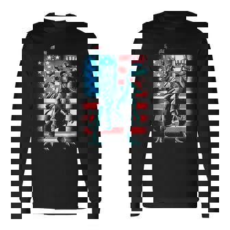Dino Statue Of Liberty 4Th Of July Boys American Flag Long Sleeve T-Shirt - Monsterry