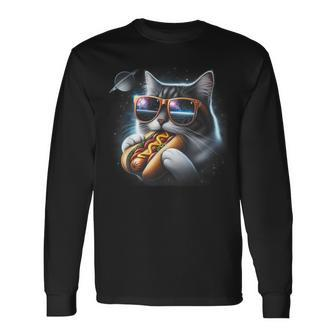 Cat Eating Hotdog In Space Kitty Space Galaxy Long Sleeve T-Shirt - Monsterry CA