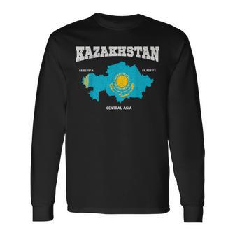 Kazakh Flag And Map Kazakhstan Coordinates Langarmshirts - Geschenkecke