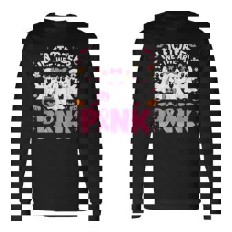 In October We Wear Pink Ghost Witch Breast Cancer Awareness Long Sleeve T-Shirt | Mazezy