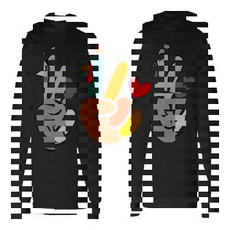 Peace Sign Turkey Hand Heart Thanksgiving Pocket Long Sleeve T-Shirt - Monsterry