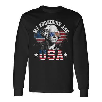 My Pronouns Are Usa 4Th Of July American Us Flag Long Sleeve T-Shirt - Monsterry DE