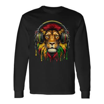 Rasta Raggae Jamaica Music Headphones Lion Of Judah Long Sleeve T-Shirt - Monsterry