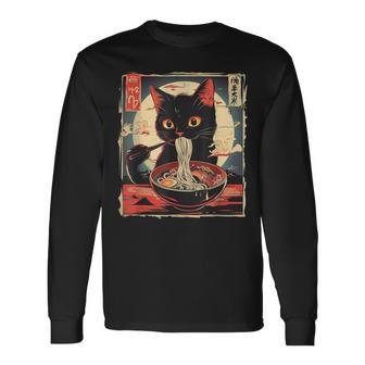 Retro Japanese Kawaii Cute Cat Eating Ramen Poster Long Sleeve T-Shirt - Thegiftio