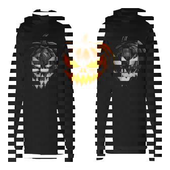 Scary Carved Pumpkin Face Jack O Lantern Halloween Costume Long Sleeve T-Shirt - Monsterry
