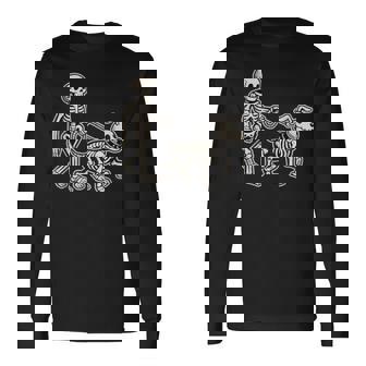Skeleton With Dog Walking Halloween Costume Skull Long Sleeve T-Shirt - Monsterry