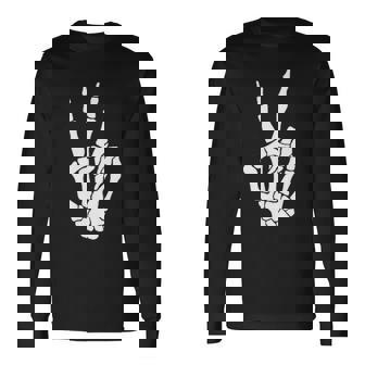Skeleton Hand Peace Sign Bone Halloween Pocket Skeleton Long Sleeve T-Shirt - Monsterry