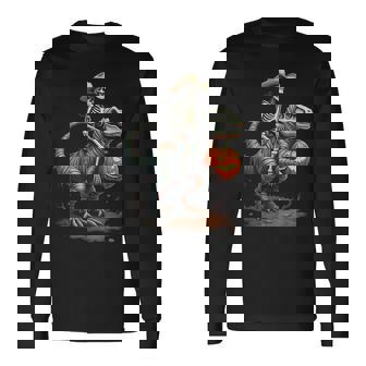Skeleton Riding Mummy Dinosaur T Rex Halloween Pumpkin Long Sleeve T-Shirt - Seseable