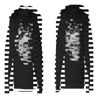 Skull Coquette Bow Halloween Black And White Checkered Bow Long Sleeve T-Shirt - Thegiftio