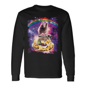 Space Cat Lama Pug Riding Nachos Langarmshirts - Seseable