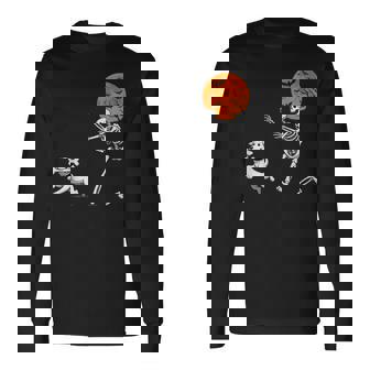 Spooky Humor Halloween Skeleton Chasing Dog Long Sleeve T-Shirt - Monsterry