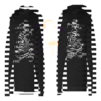 Spooky Skeleton Playing Video Games Halloween Day Gamer Long Sleeve T-Shirt - Monsterry