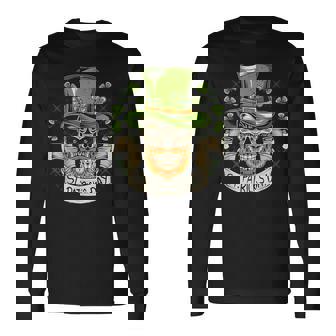 St Patrick's Day Skull Shamrocks Irish Culture Day Long Sleeve T-Shirt - Monsterry
