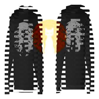 Vintage Scary Halloween Cat Costume Retro Cat Moon Long Sleeve T-Shirt | Mazezy