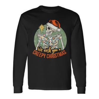 We Wish You A Creepy Christmas Pajama Skeleton X-Mas Long Sleeve T-Shirt - Monsterry