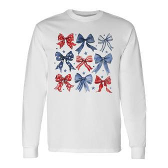 4Th Of July America Patriotic Bow Ribbon Long Sleeve T-Shirt - Monsterry UK