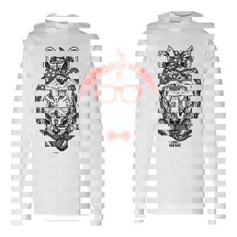 Hipster Wolf In Red Glasses Wild Animal Lover Long Sleeve T-Shirt - Monsterry
