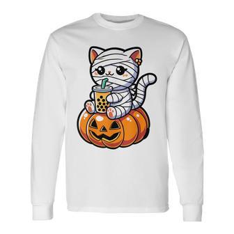 Kawaii Mummy Cat Drinking Boba Tea Halloween Pumpkin Long Sleeve T-Shirt - Seseable