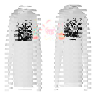 Meowy Christmas Black Cats Play Christmas Tree Lights Cats Long Sleeve T-Shirt - Thegiftio