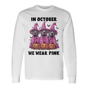 In October We Wear Pink Great Dane Halloween Breast Cancer Long Sleeve T-Shirt - Monsterry