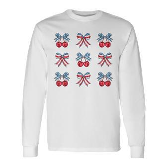 Red White And Blue Usa Flag Cherry Bows Coquette 4Th Of July Long Sleeve T-Shirt - Monsterry