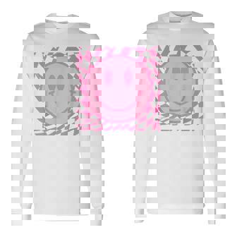 Retro Happy Smile Face Smiling Checkered Pattern Pink Trendy Long Sleeve T-Shirt | Mazezy