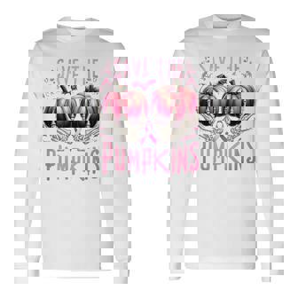 Save The Pumpkins Skeleton Halloween Breast Cancer Survivor Long Sleeve T-Shirt | Mazezy