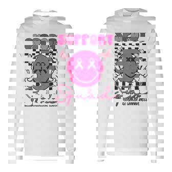 Support Squad Breast Cancer Awareness Smile Face Pink Ribbon Long Sleeve T-Shirt | Mazezy