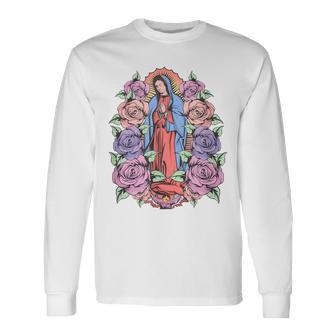 Virgen De Guadalupe Con Rosas Estilo Nostálgico Camiseta de manga larga - Regaloses