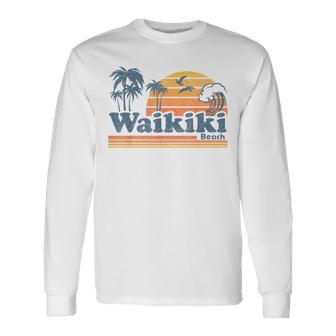Waikiki Honolulu Hawaii Vintage Beach Surfing Retro Hawaiian Long Sleeve T-Shirt | Seseable FR