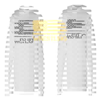 Wrestling Wrestler American Usa Flag Patriotic Vintage Men Long Sleeve T-Shirt - Monsterry