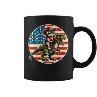 Cowboy Cat Riding Dinosaur Usa Flag T-Rex 4Th Of July Coffee Mug - Monsterry