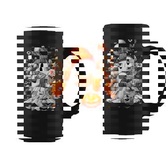 Ghost Drinking Coffee Book Reading Halloween Pumpkin Flower Coffee Mug - Thegiftio UK