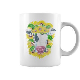 Farm Animal Sunflower Yellow Flower Sunshine Cute Cow Coffee Mug - Monsterry