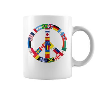 Peace Sign With Worlds Flags Global Love And Unity Coffee Mug - Monsterry