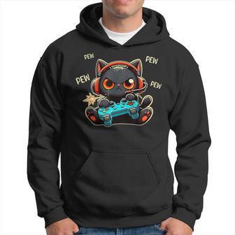 Cute Gamer Cat Playing Video Game Pew Pew Anime Kitten Hoodie - Thegiftio UK