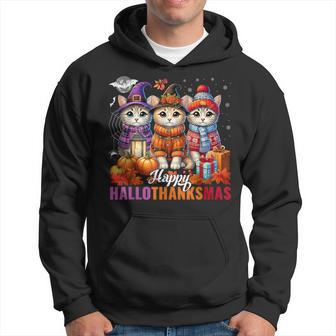 Halloween Thanksgiving Christmas Happy Hallothanksmas Cats Hoodie - Thegiftio UK