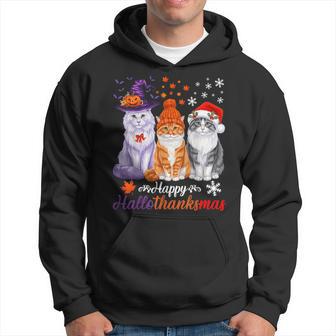 Happy Hallothanksmas Cats Halloween Thanksgiving Christmas Hoodie - Thegiftio UK