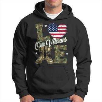 Love Our Veterans Heart Usa Flag Camouflage Army Boots Proud Hoodie - Thegiftio UK
